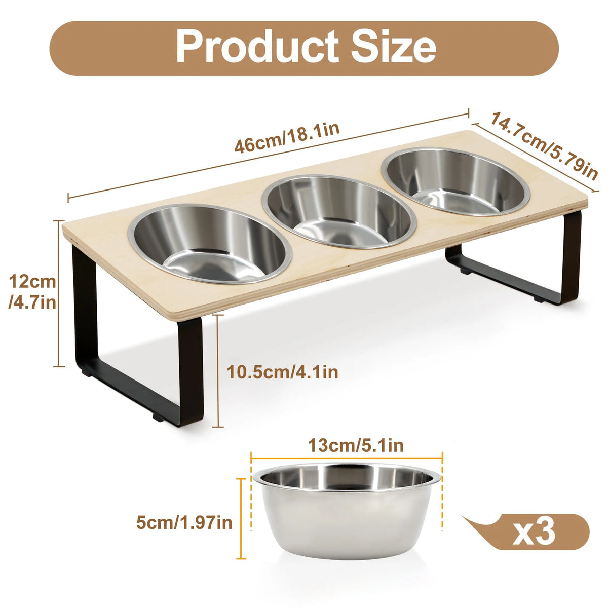 Elevated Cat Bowls Feeder 15° Tilted Raised Feeding & Watering Supplies Pet 3 Stainless Steel Bowls with Stand for Cats Puppies