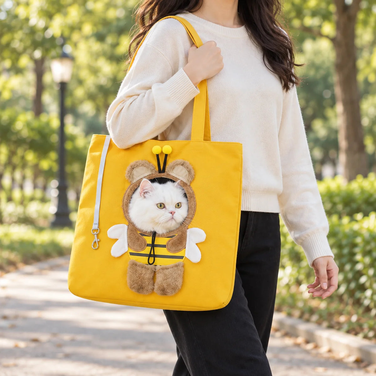 Pet Carrier Tote Bag for Cats and Small Dogs, Cute Plush Head-Out Shoulder Bag with Safety Tether, Foldable for Travel & Walking