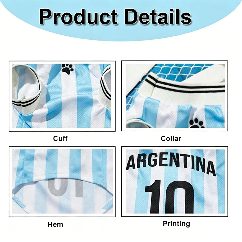 Argentina #10 Pet Dog/Cat Football Jersey, Striped With English Numbers & Letters Print, Ribbed Cuffs & Hem, Pet Vest For Breeds