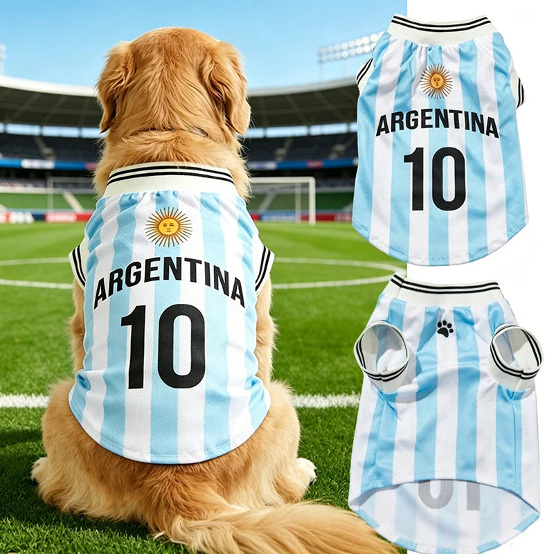 Argentina #10 Pet Dog/Cat Football Jersey, Striped With English Numbers & Letters Print, Ribbed Cuffs & Hem, Pet Vest For Breeds