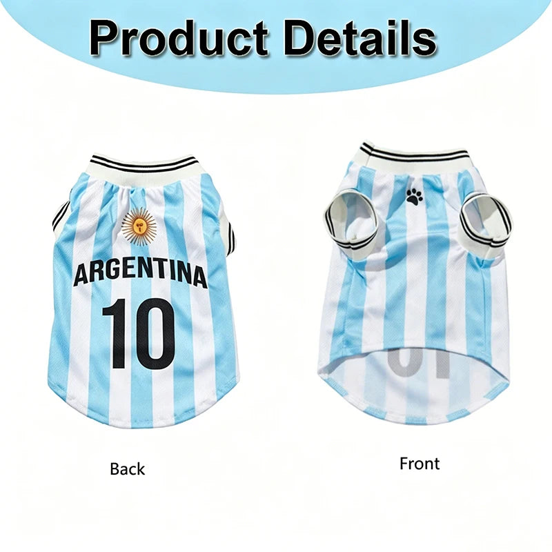 Argentina #10 Pet Dog/Cat Football Jersey, Striped With English Numbers & Letters Print, Ribbed Cuffs & Hem, Pet Vest For Breeds