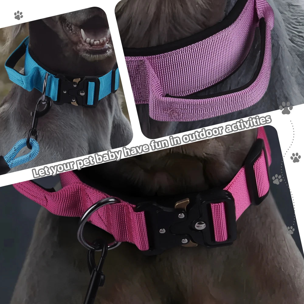 Durable Metal Buckle Pet Collars for Medium Large Dogs Solid Nylon Big Dog Collar with Handle Greyhound Mascotas Accessories