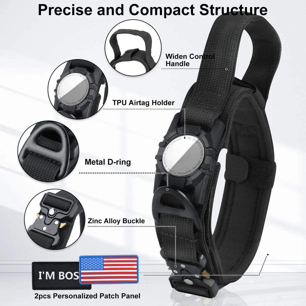 Tactical AirTag Dog Collar, with AirTag Holder and Handle Military Dog Metal Buckle Adjustable GPS Collar for Medium Large Dogs