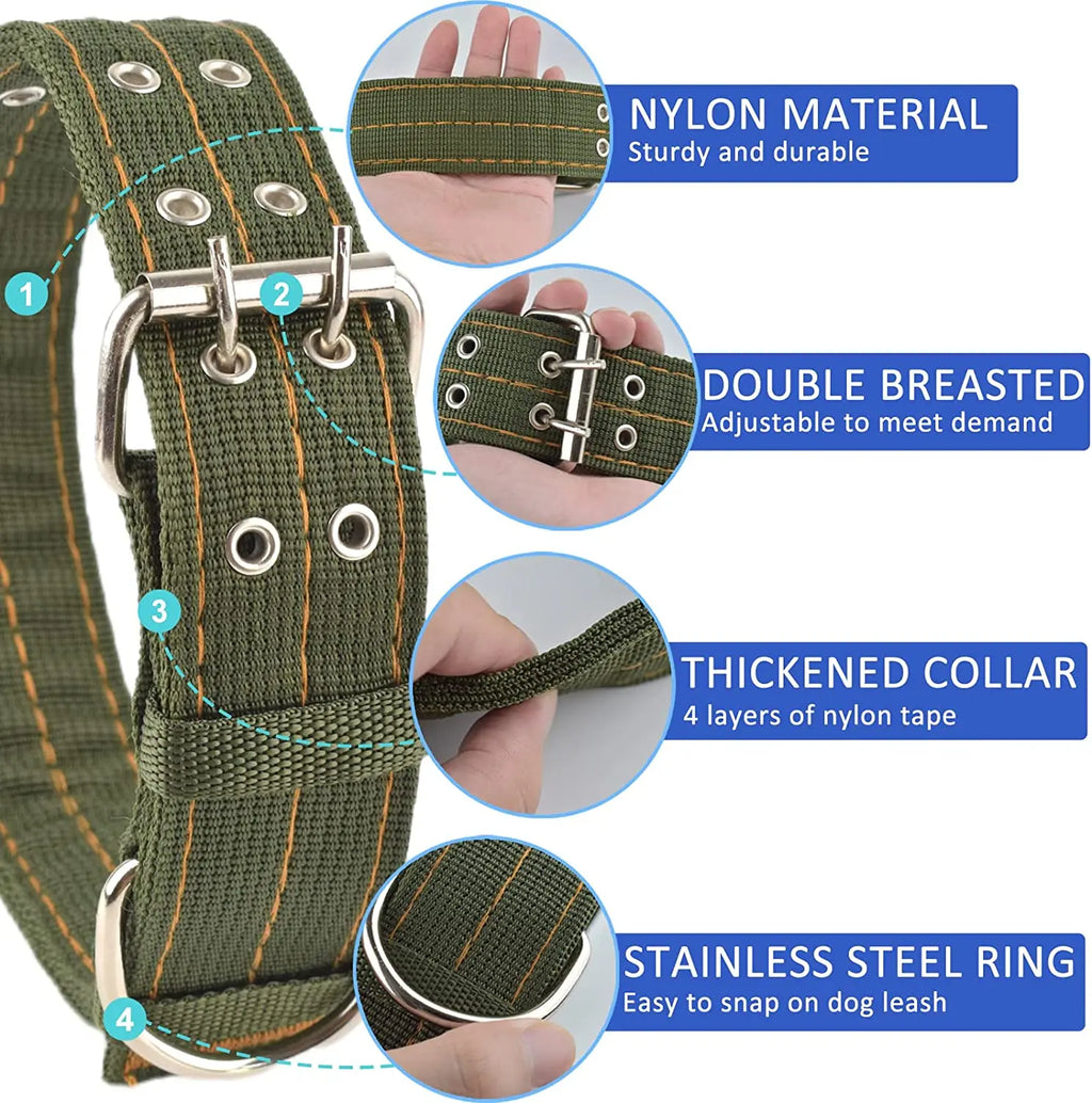 Durable Nylon Dog Collars for Large Dogs Heavy Duty Military Thick Wide Tactical Pet Collar with 2 Rows Metal Buckle