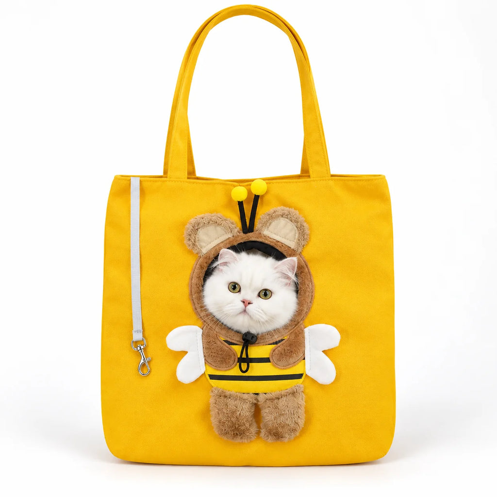 Pet Carrier Tote Bag for Cats and Small Dogs, Cute Plush Head-Out Shoulder Bag with Safety Tether, Foldable for Travel & Walking