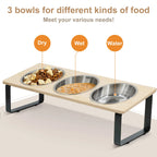 Elevated Cat Bowls Feeder 15° Tilted Raised Feeding & Watering Supplies Pet 3 Stainless Steel Bowls with Stand for Cats Puppies