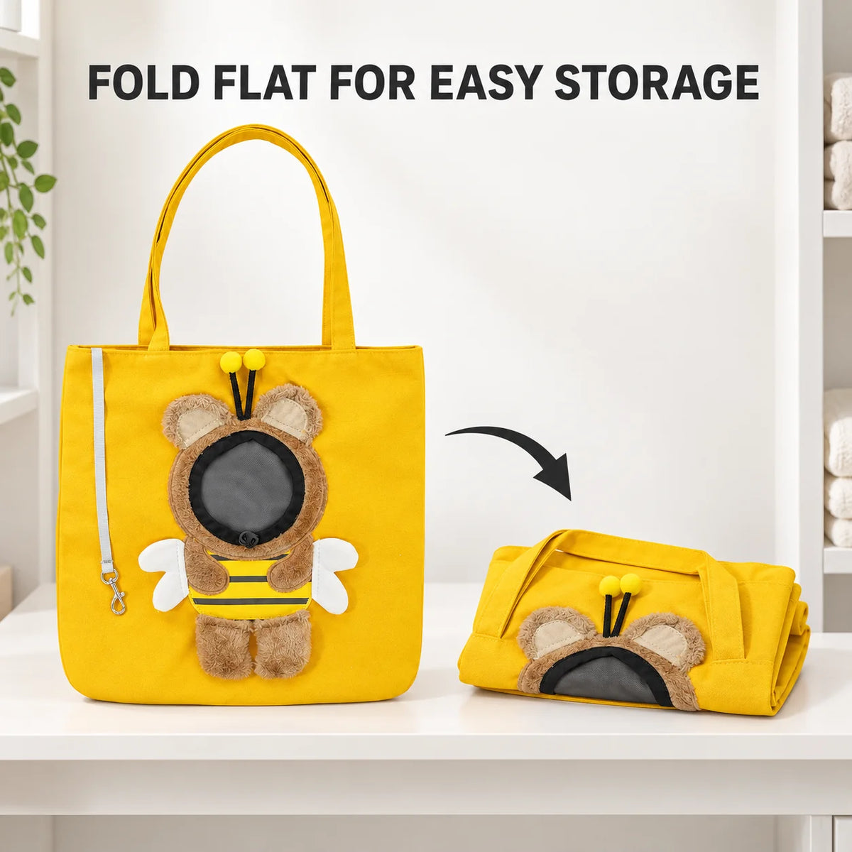 Pet Carrier Tote Bag for Cats and Small Dogs, Cute Plush Head-Out Shoulder Bag with Safety Tether, Foldable for Travel & Walking